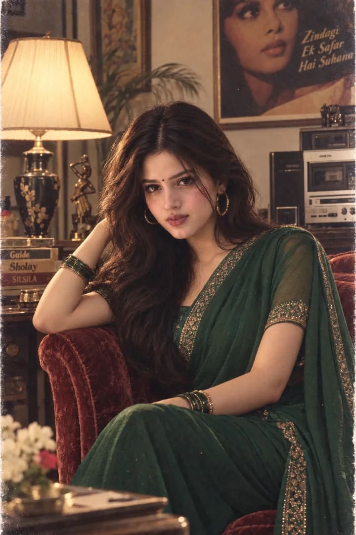 80s Bollywood Green Saree Portrait