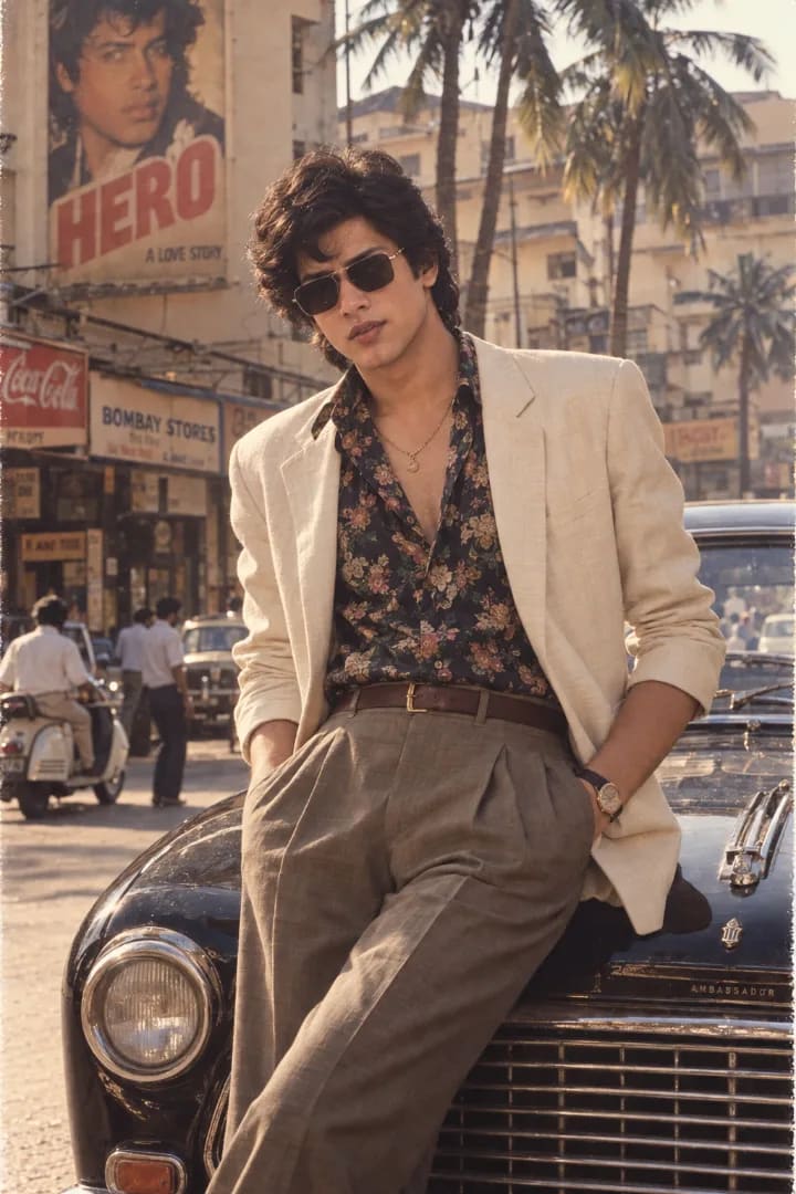 80s Bollywood Hero Vintage Car Portrait