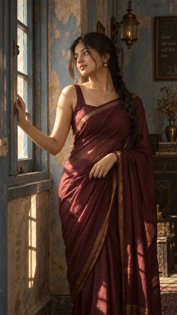 Maroon Saree Heritage Window Portrait