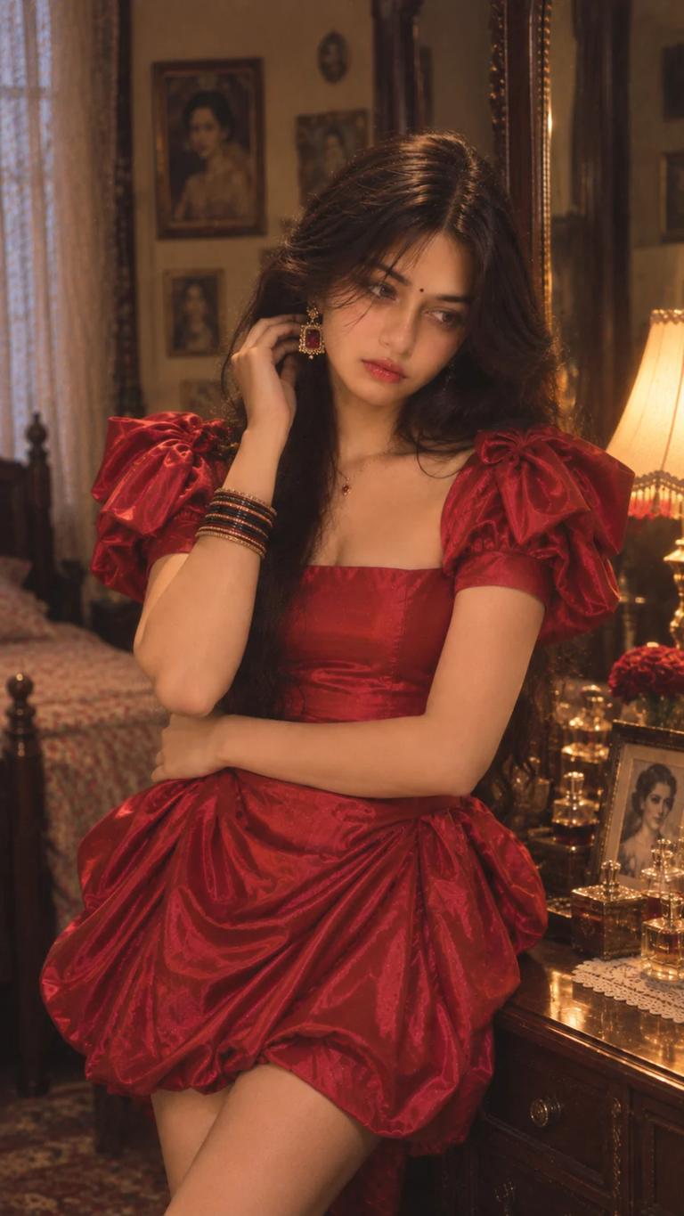 80s Bollywood Red Satin Dress Portrait — ChatGPT prompt 1